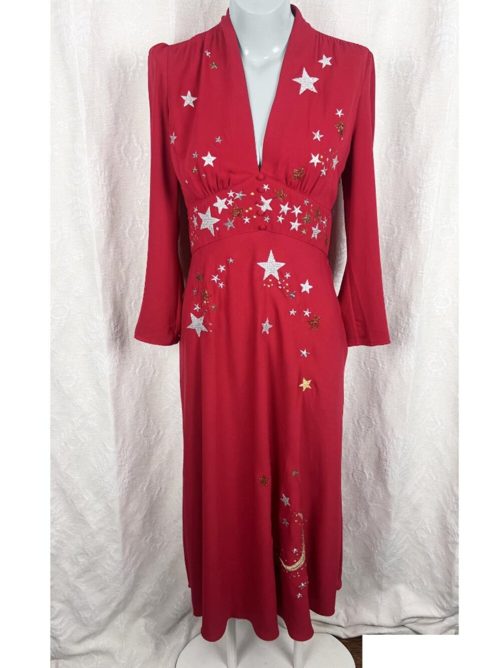 RIXO London Margo red embroidered celestial midi dress retro 40s glamour stars M - Picture 1 of 13
